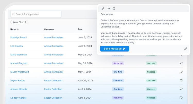 Donorbox supporter and donation list