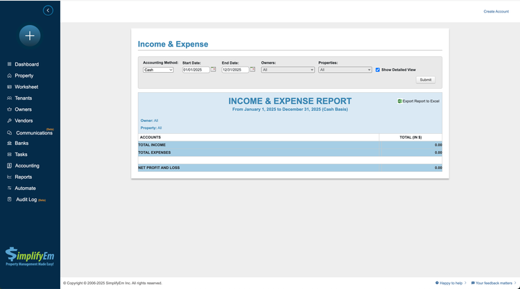 Income and Expense Report on SimplifyEm Proerty Management