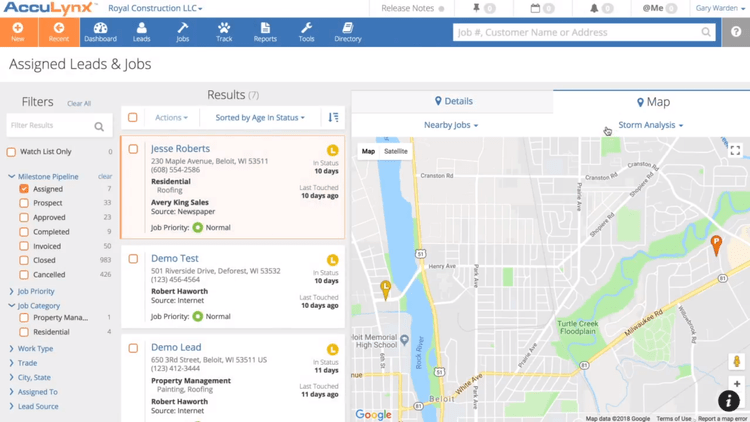 A map and list showing assigned jobs and leads in AccuLynx