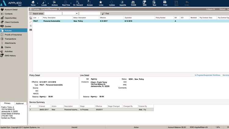 Insurance policies in Applied Epic