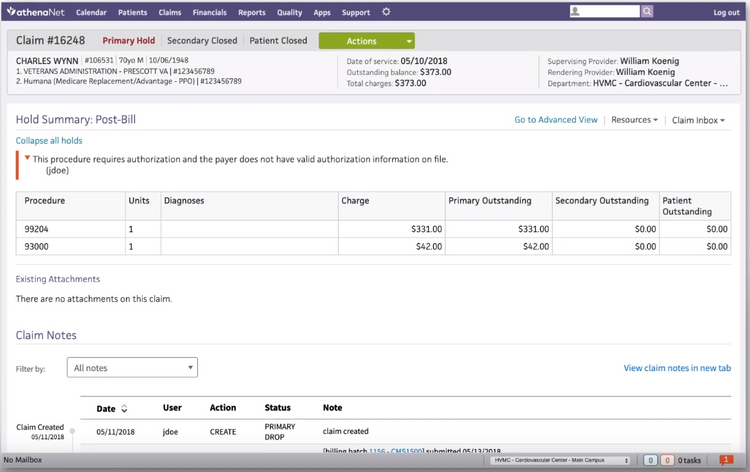 athenaCollector Patient Hold Information