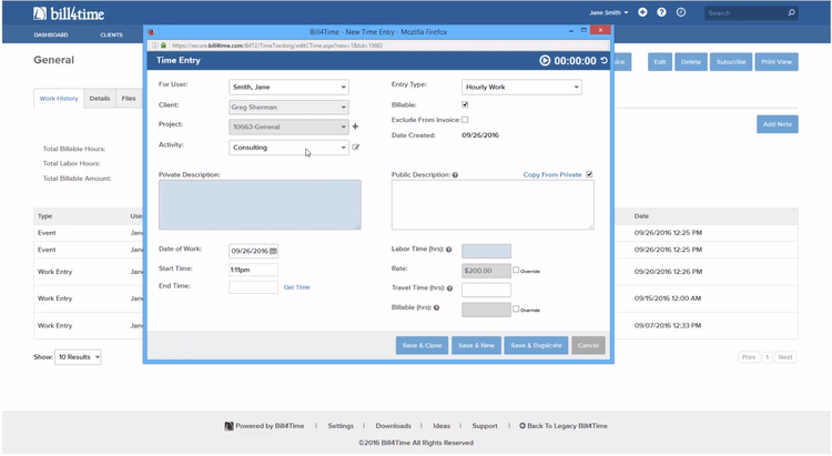 Time entry in Bill4Time