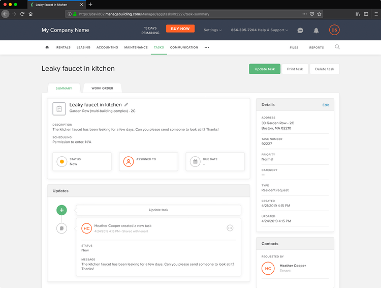 Work order in Buildium