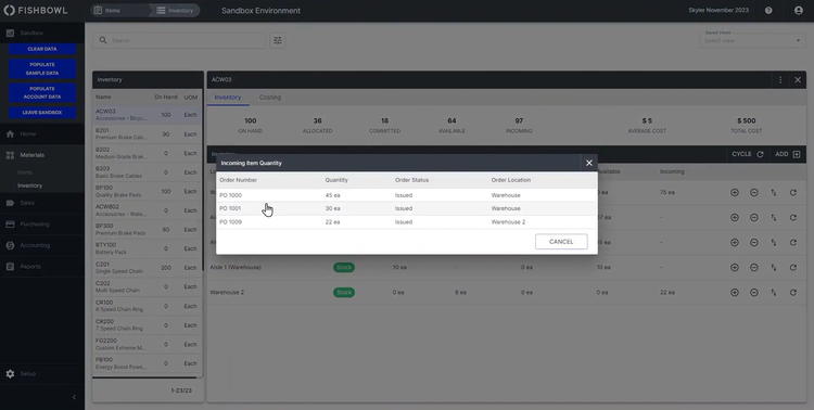 Fishbowl Incoming Item Quantity Locations