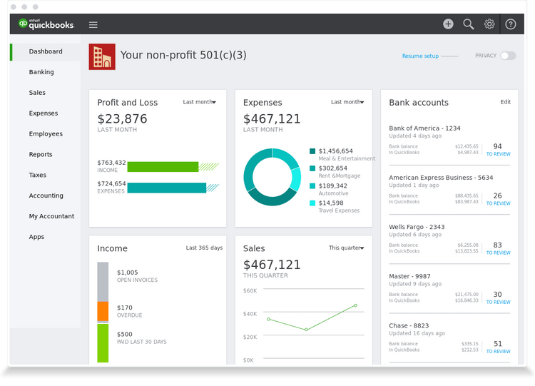 QuickBooks Online Nonprofit Accounting Software Dashboard