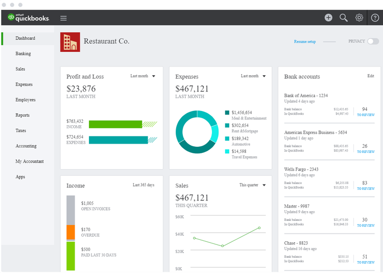 Restaurant dashboard in QuickBooks Online