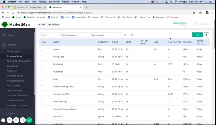 Inventory details in MarketMan