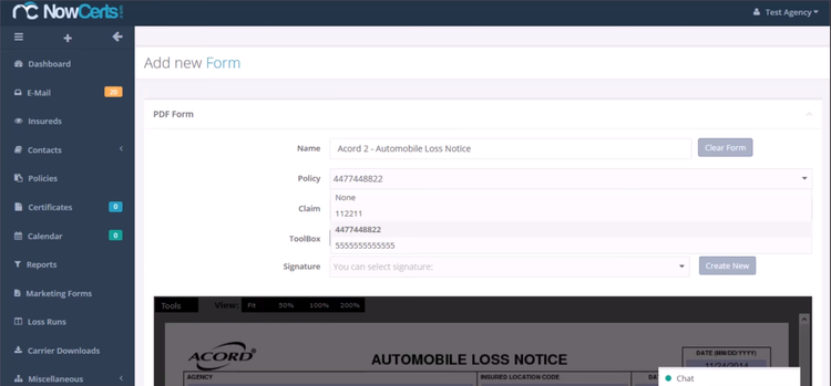 ACORD form in NowCerts