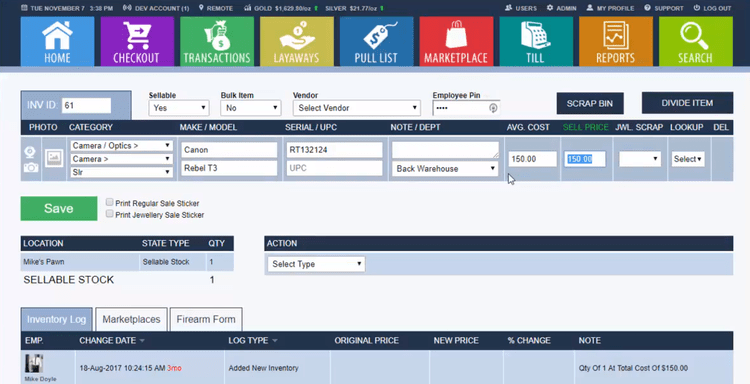 PawnMate inventory item details