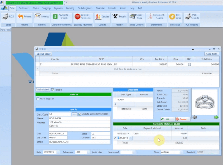 wJewel invoice for special order jewelry.