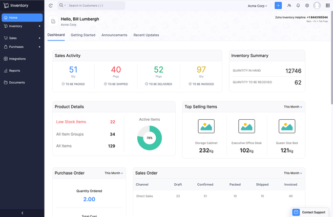 Zoho Inventory: Inventory Dashboard