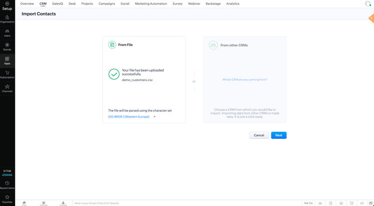 Screenshot of uploading contact list on Zoho CRM